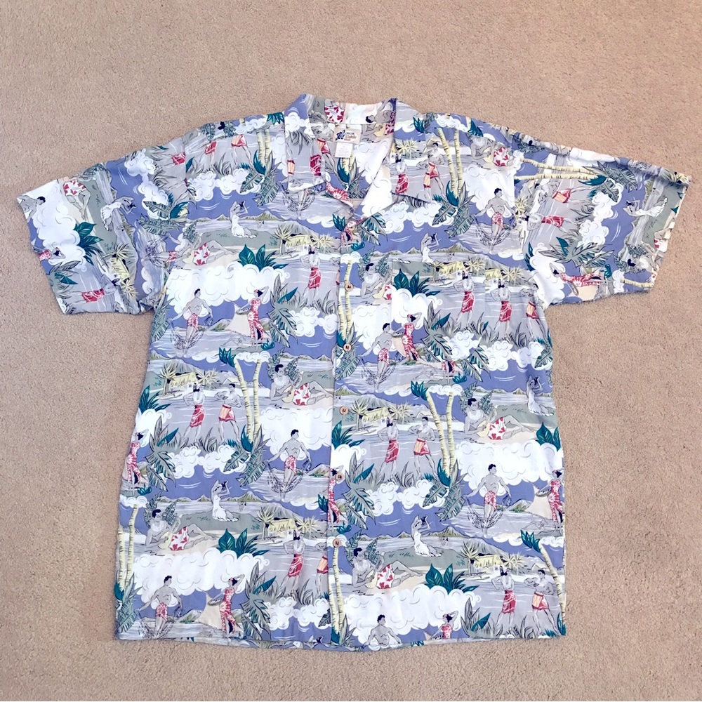 Cherokee Waikiki Hawaiian Shirt Mens XL Blue White Relaxed Fit Tropics Aloha